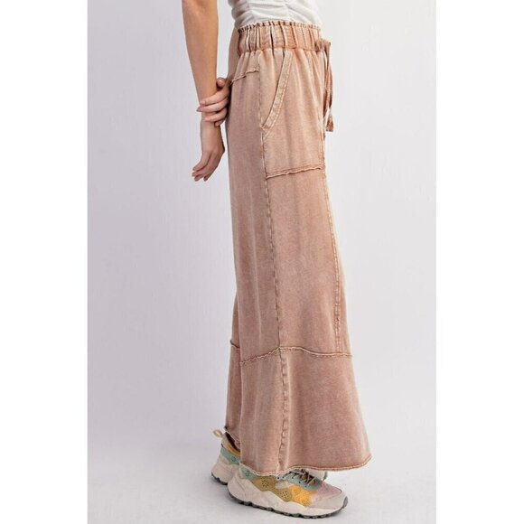 Chill Vibes Mineral Washed Terry Knit Wide Leg Pants in Cappuccino - Picture 3 of 5